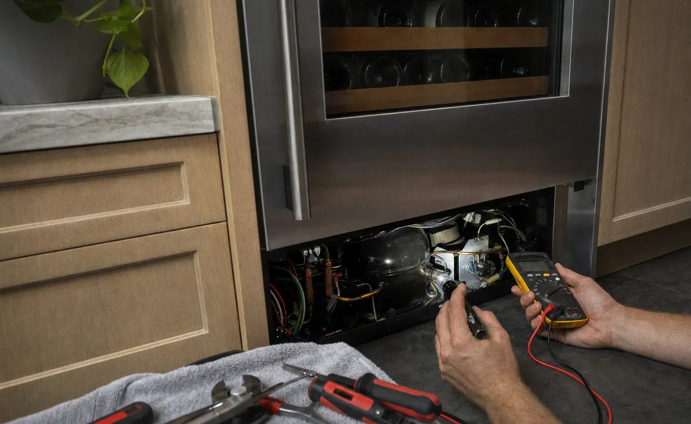 An undercounter glass-door cabinet with its base grille removed, compressor and copper lines exposed and meter leads in hand