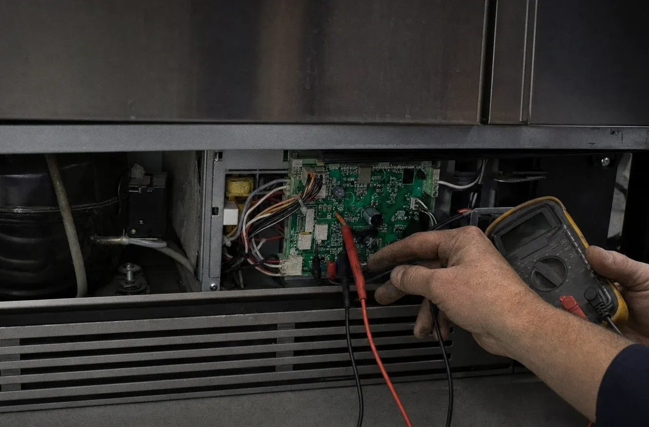 Multimeter probes held against a green control board behind the base grille of a built-in cabinet
