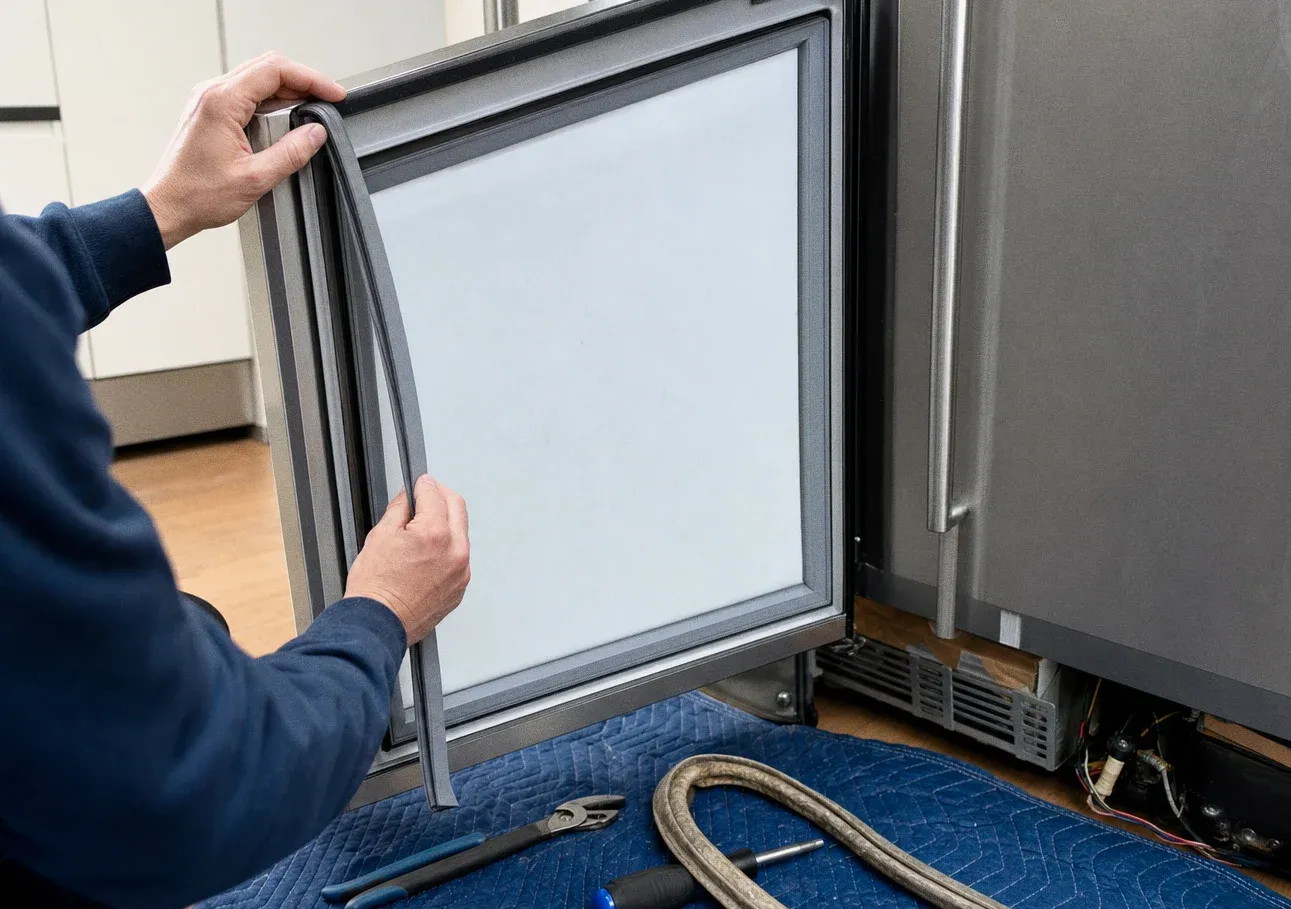 Hands easing a rubber door gasket into the channel of an appliance door laid flat on a mat