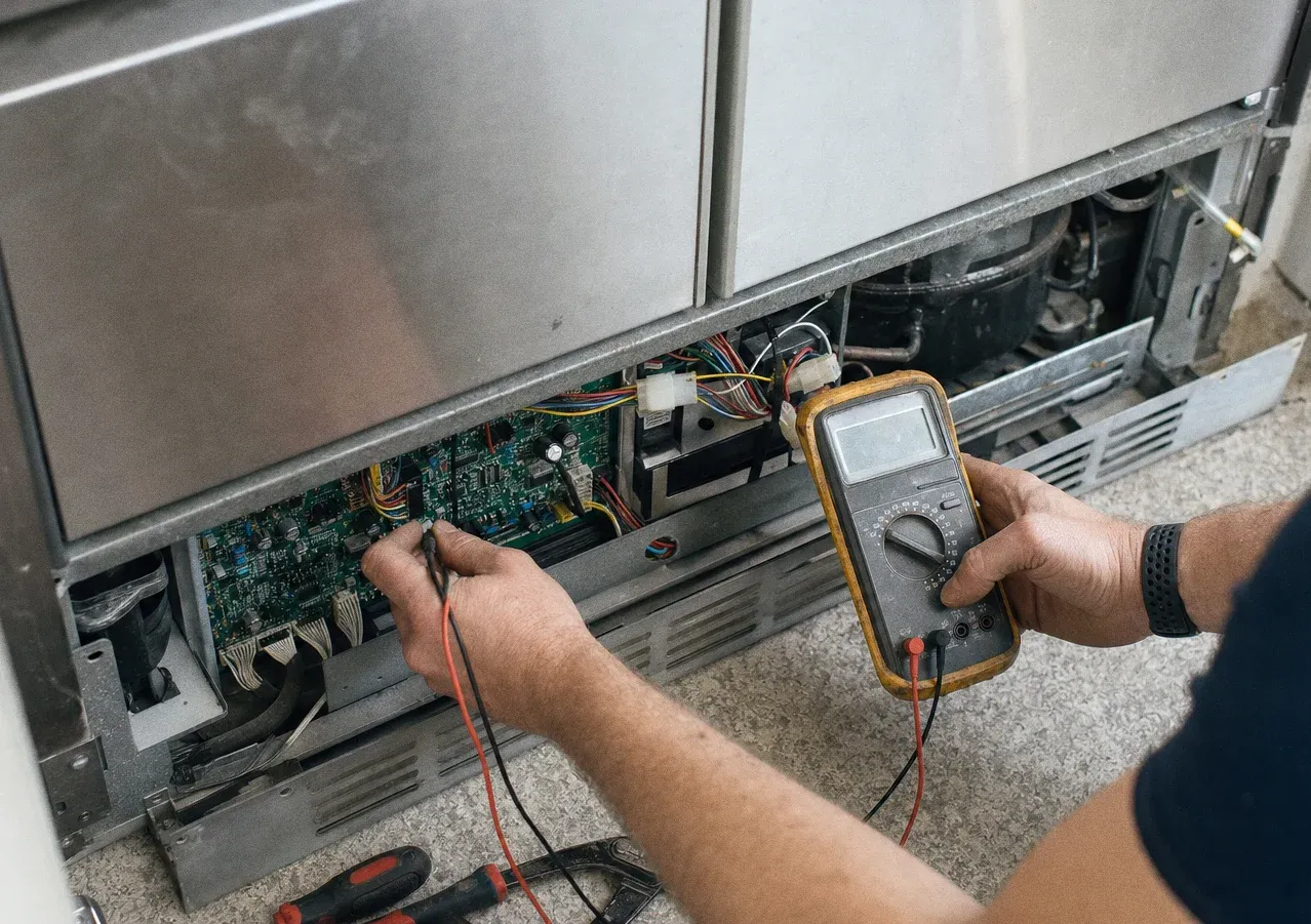 A meter held against the control board in the base of a stainless cabinet, screwdrivers lying on the floor