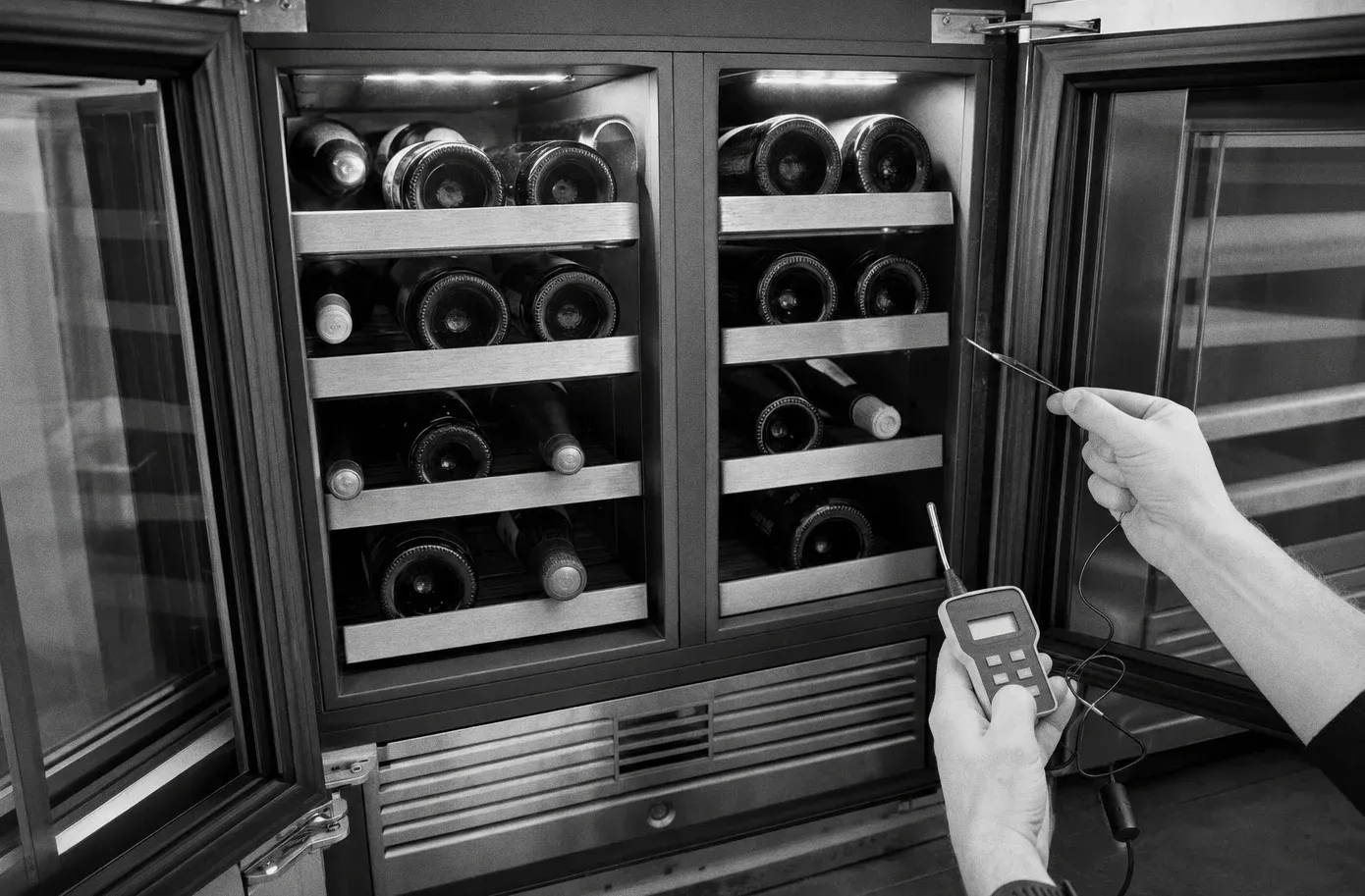 A twin glass-door wine cabinet standing open with bottles on every rack and a probe thermometer held at the opening