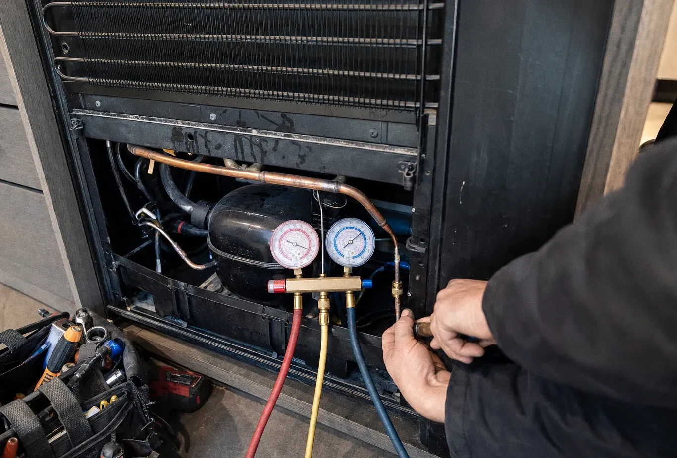 Condenser coil and compressor at the back of a pulled-out cabinet with manifold gauges attached and a tool bag on the floor