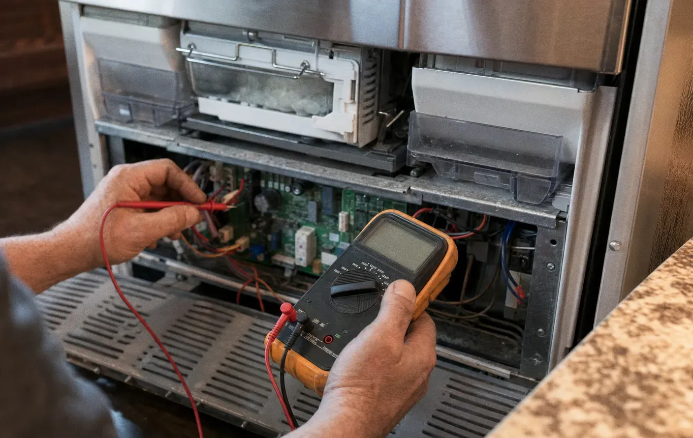 An ice mould part-filled with cubes above two clear storage bins, with meter probes on the control board below